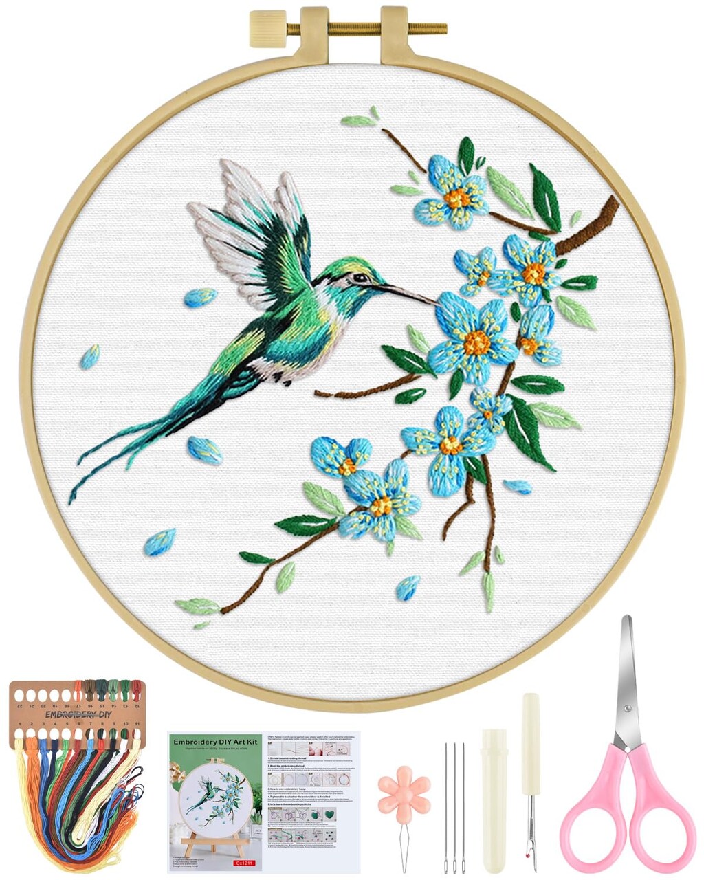 Embroidery Kit for Beginners, Hummingbird and Flower Cross Stitch Set for Include Embroidery Cloth Hoops Threads for Craft Lover Hand Stitch with Embroidery Skill Techniques (Green Hummingbird)